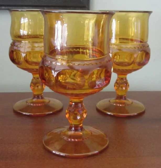 3 Vintage Indiana Glass Kings Crown Thumbprint Amber Wine Water Goblets Glasses
