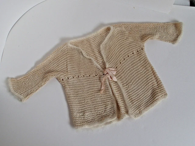 Vintage 1940's ? Baby / Child's Hand Knitted Cardigan with Angora Trim 24" Chest
