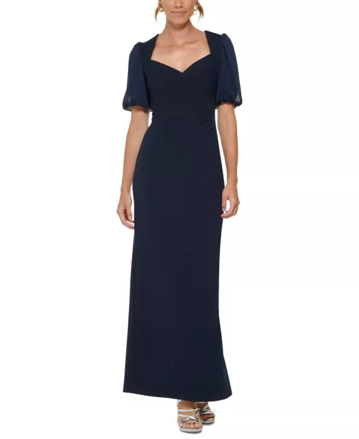 DKNY Mermaid Gown Size 16 Midnight Navy Puff Sleeve Ruched Mix Media NWT $229