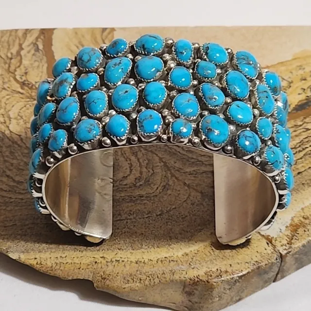 FY Frank Yazzie Navajo Sterling 925 Silver Turquoise Cuff Bracelet 69 Stones AA