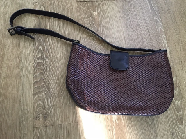 Talbots Woven Handbag Purse Brown Blue Black Leather Shoulder Bag
