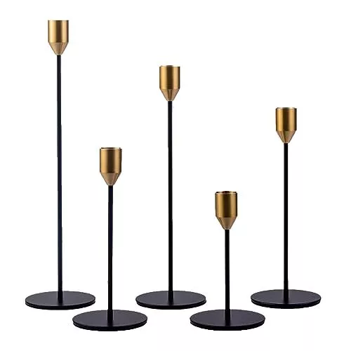 Set of 5 Black Taper Candlestick Holders with Brass Top, Premium Matte Black