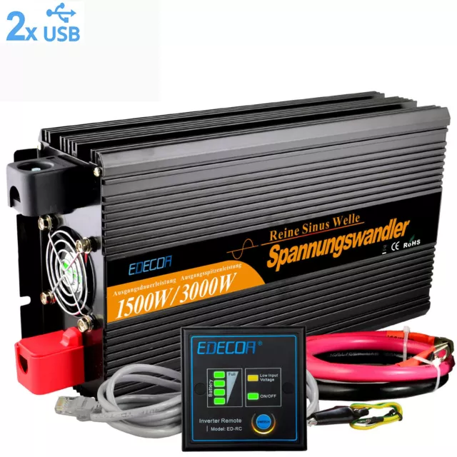 EDECOA Inversor Onda Pura 1500W Inverter 12V 220V Convertidor Transformador USB