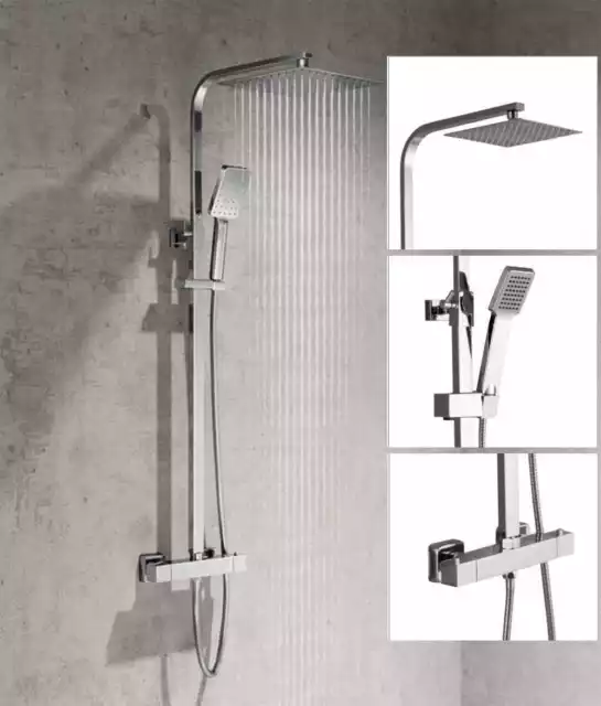 Thermostatic Mixer Shower Set Square Bathroom Shower Bar Twin Head Exposed Valve