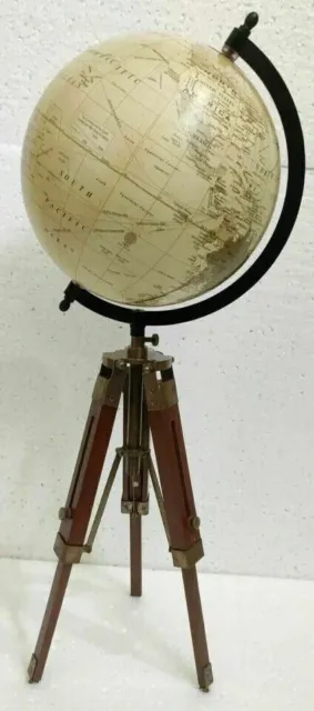 Antique Nautical World Map Table GLOBE ORNAMENT With Wooden Tripod Stand Decor