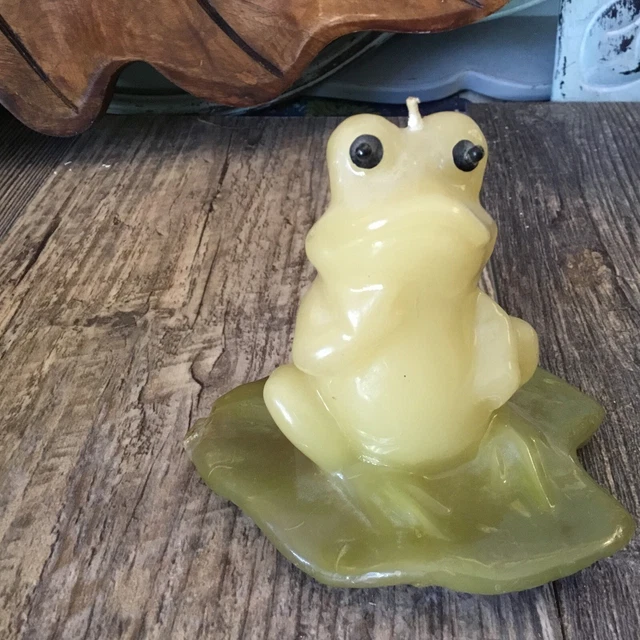 Vintage MCM Wax Frog On Lily Pad Candle Kitsch Kitschy Toad Green Bohemian Frog