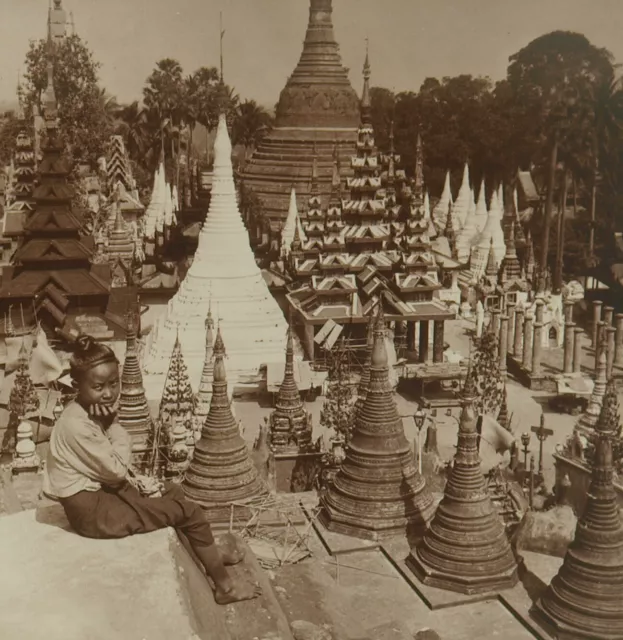 Square Top Keystone Stereoview Pagoda Shrines, Shwe Dagon, Burma K1200/600 #900