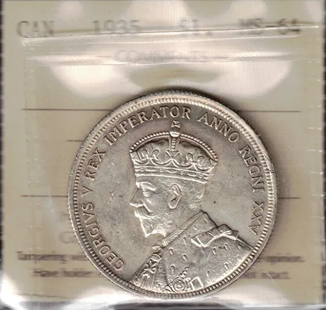 1935 Silver Dollar ICCS MS-64 BEAUTIFUL King George V KEY 1st Year Canada $1.00