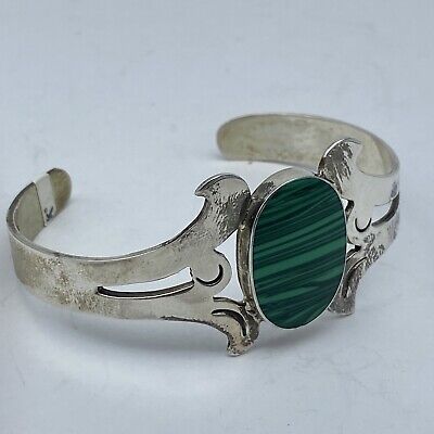 Malachite sterling silver bangle cuff bracelet, 1-1/2￼inches wide, 925
