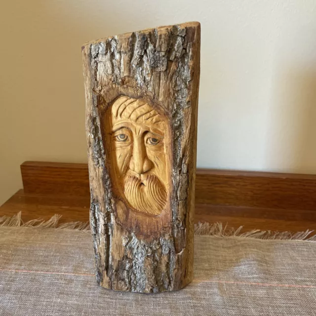 Beautiful Vintage 10" 1/4 Log free standing Tree Face Spirit Wood Carving