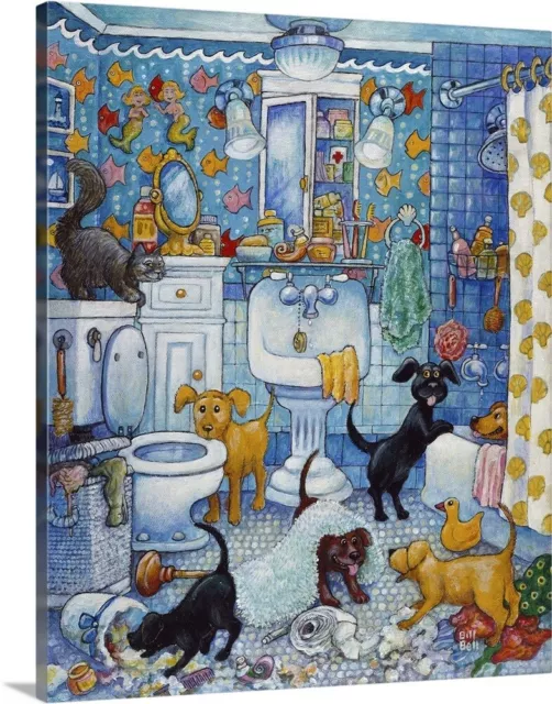 More Bathroom Pups Canvas Wall Art Print, Dog Home Decor