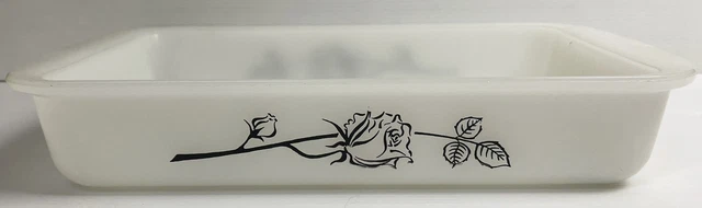 Agee Pyrex Crown Black Rose Double Sided Milk Glass Casserole Oven Dish Vintage