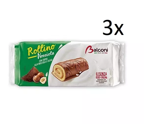 3x Balconi Rollino Nocciola Kuchen mit Haselnusscreme Schokolade überzogen 222g