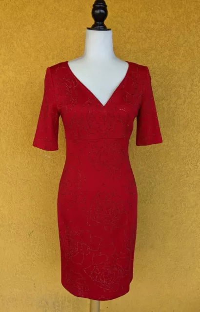 NWT St. John Sz 2 Granita Red Knit Dress with Rose Patterned Applique Detail