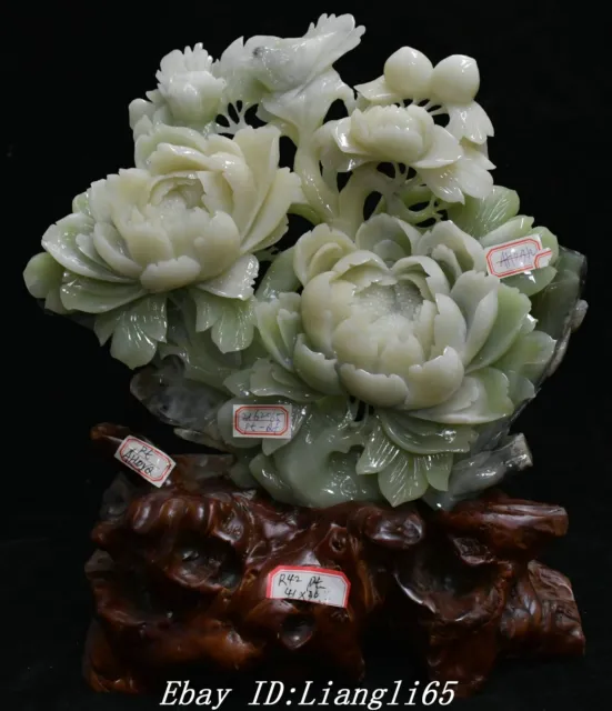 17 '' China Natürliche Xiu Jade Vogel Tier Pfingstrose Blume Statue Ornament