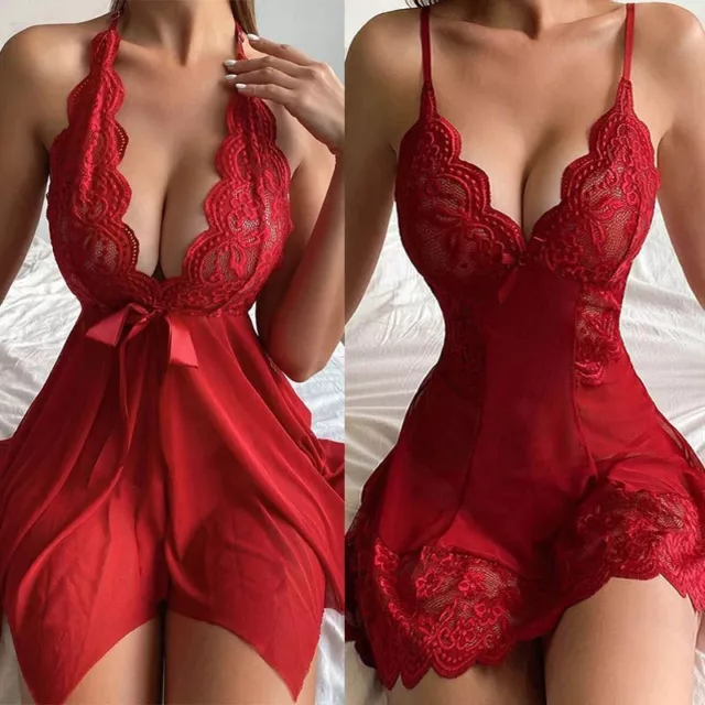 Sexy Vestido de Encaje de Lencería Para Mujer Ropa De Dormir Interior Camisa