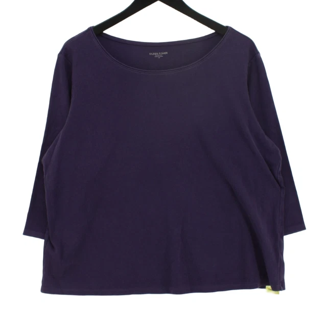 Eileen Fisher Damen Top XL lila 100 % Baumwolle 3/4 Ärmel Rundhals Basic