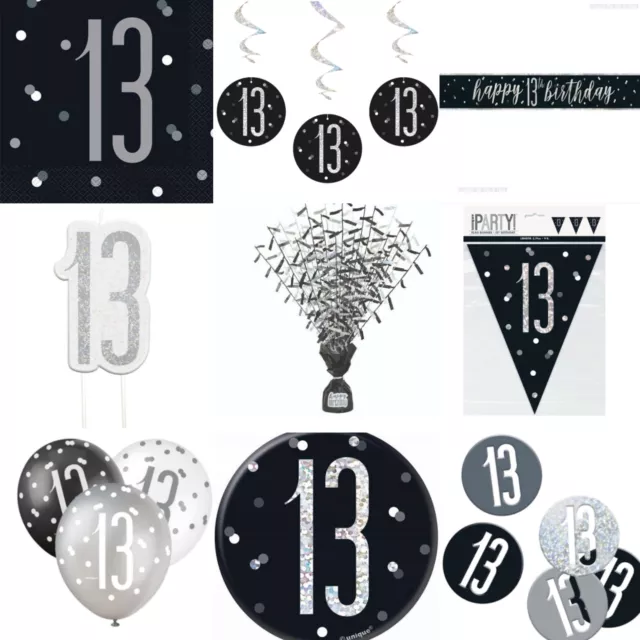 13th Glitz Black Happy Birthday,Banner,Bunting,Balloon,Confetti,Badge,Napkin