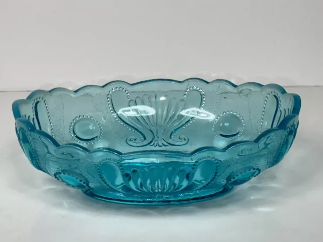 Antique Vintage Jefferson Blue Beaded Jewel & Fan 7" Oval Glass Bowl