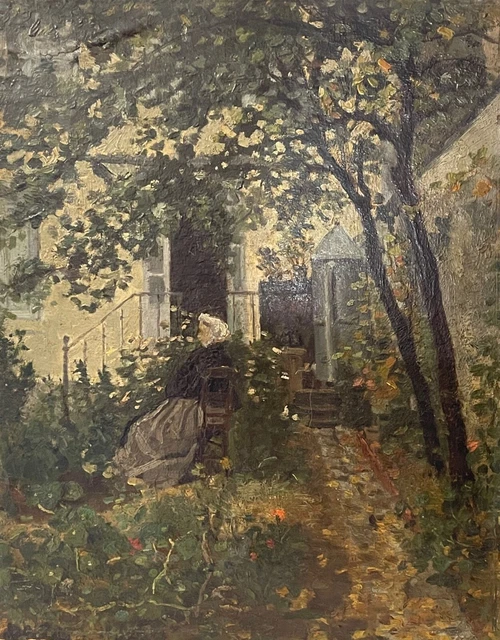 Impressionism Woman in the Garden 19th Cardboard Painting Anonymous Impressionist