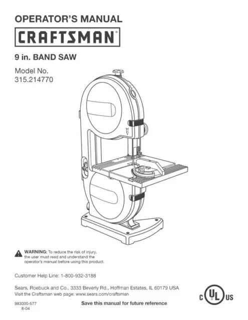 Owner's Manual & Parts List  Sears Craftsman 9" Band Saw - Model 315.214770