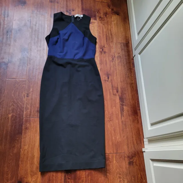 Diane Von Furstenberg Black Blue Colorblock Wool Midi Sheath Dress Stretch Sz 6