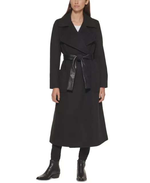 DKNY Women's Maxi Faux-Leather Belt Wrap Coat Black L