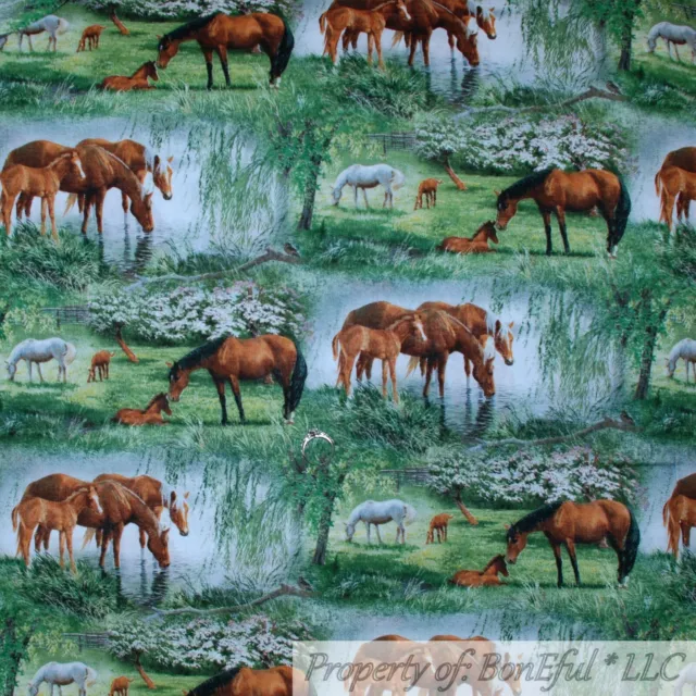 BonEful Fabric FQ Cotton Quilt Green Grass Tree Scenic Blue Water Horse Animal L