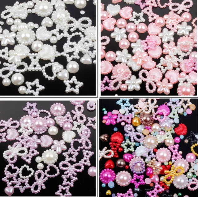 50 Mixed Cabochons Bow Heart Stars Flat Back Pearls Cute Kawaii Face Gems Beads