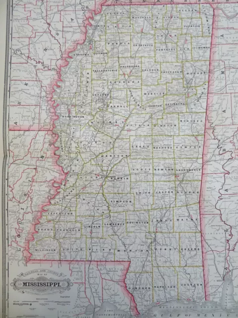 Mississippi state unfinished RR 1887-90 Cram scarce large detailed map