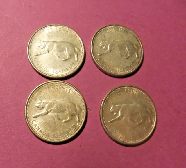 Four 1967 Canada Silver COUGAR Quarters - Circulated