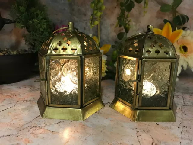 Pair of Moroccan Style Lanterns Brass Antique Tea Light Candle Holders