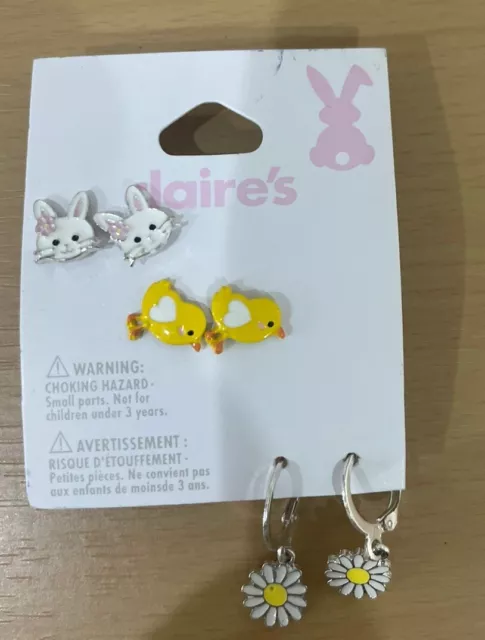 Claire’s 3 Pair Easter Spring Earrings Set Including Chicks Flower & Bunnies NWT
