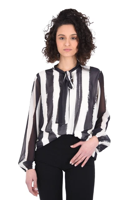 Camicia Donna Elegante con Fiocco Blusa a Righe Nera Panna Made in Italy TU