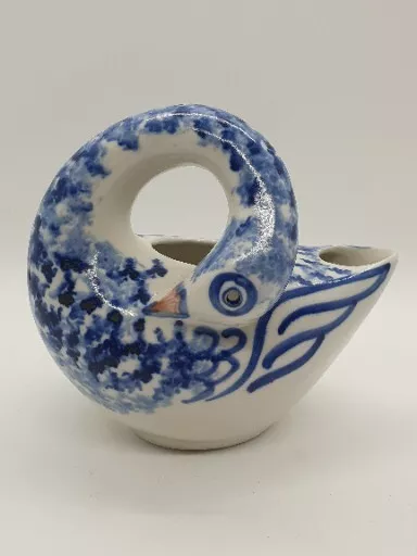 Stunning POLDRATE Scotland Studio Art Pottery Blue White Curled Goose Vase Jug
