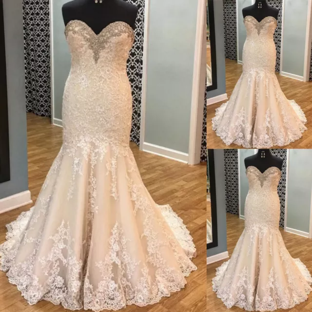 Plus Size Champagne Mermaid Wedding Dresses Lace Appliques Beaded Bridal Gowns