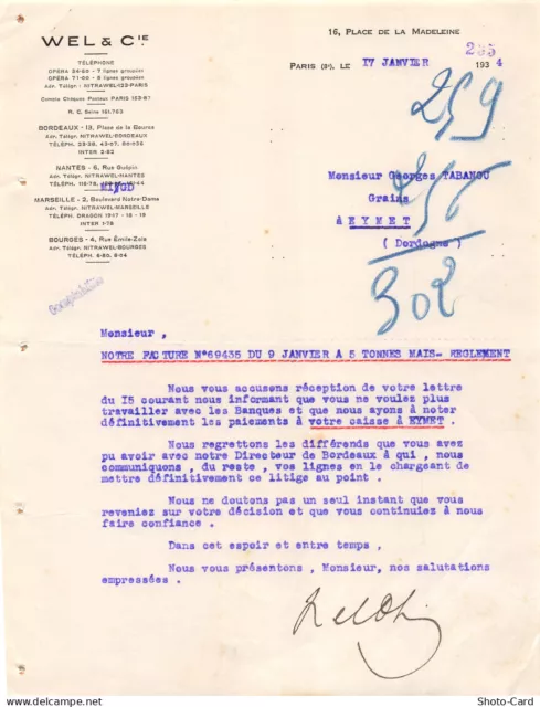 1934 Facture Wel &Cie A Paris-M.georges Tabanou A Eymet Dordogne