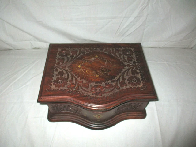 Antique Art Nouveau Very Ornate Hand Carved Jewerly Box w/ Brass Inserts inlay