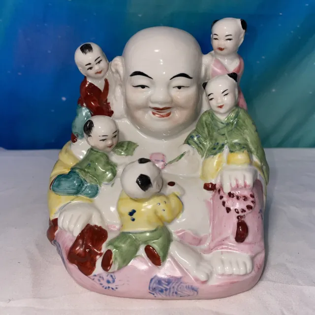 Vintage Ceramic Porcelain Happy Laughing Buddha with 5 Children