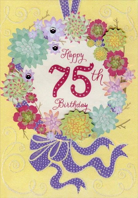 Die Cut Tip On Flowers with Sequins Hand Decorated Age 75 / 75th Birthday Card