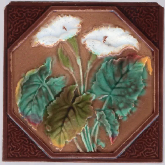 Decorative Art Tile Co - c1887 - Arum Lilies -  Antique Victorian Majolica Tile