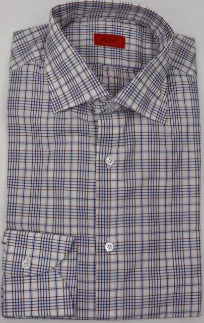 NWT Isaia Napoli Men's White Blue Plaid Dress Shirt 15 - 38