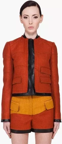 NEW PROENZA SCHOULER Rust Tweed Patchwork Cropped Jacket Bonded Tweed Leather 10