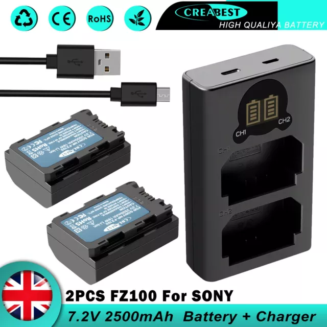 2× 2500mAh NP-FZ100 Battery & Charger For Sony A9R A9S A7R III Alpha A7R3 ILCE-7