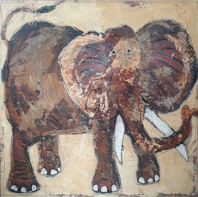 Herve MAURY marseille  ELEPHANT technique mixte sur TOILE  signée vers 2015