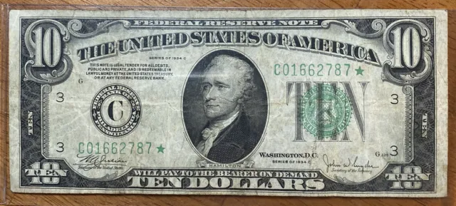 1934-C $10 Ten Dollar Federal Reserve Star Note Philadelphia