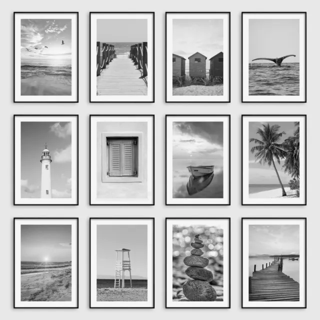 Black & White Beach Wall Art Prints Sunset Tropical Sea Ocean Posters Pictures