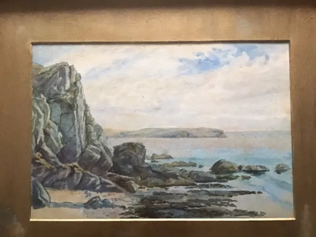 Antique Vintage Gilt Framed Victorian Era Coastal Seascape Water Colour 3