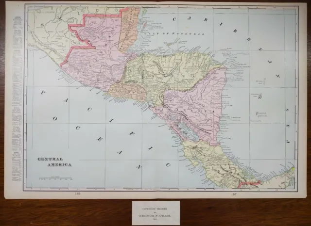 Vintage 1901 CENTRAL AMERICA Map 22"x14" Old Antique Original NICARAGUA SALVADOR