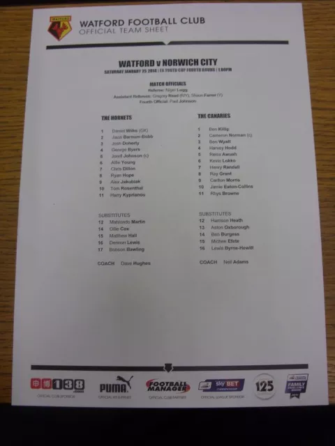 25/01/2014 Watford Youth v Norwich City Youth [FA Youth Cup] (single sheet, fold